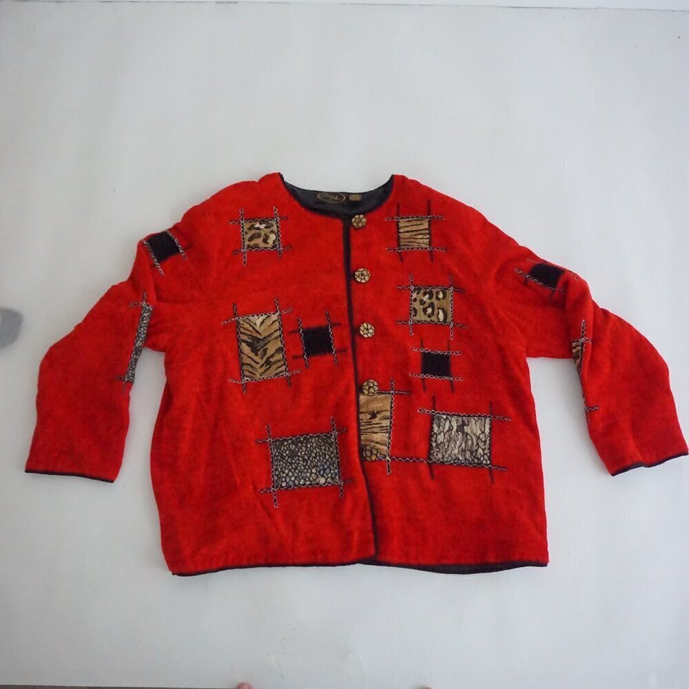 Vintage Alex Kim Red Patchwork Animal Print Western Boho Safari Jacket 2X